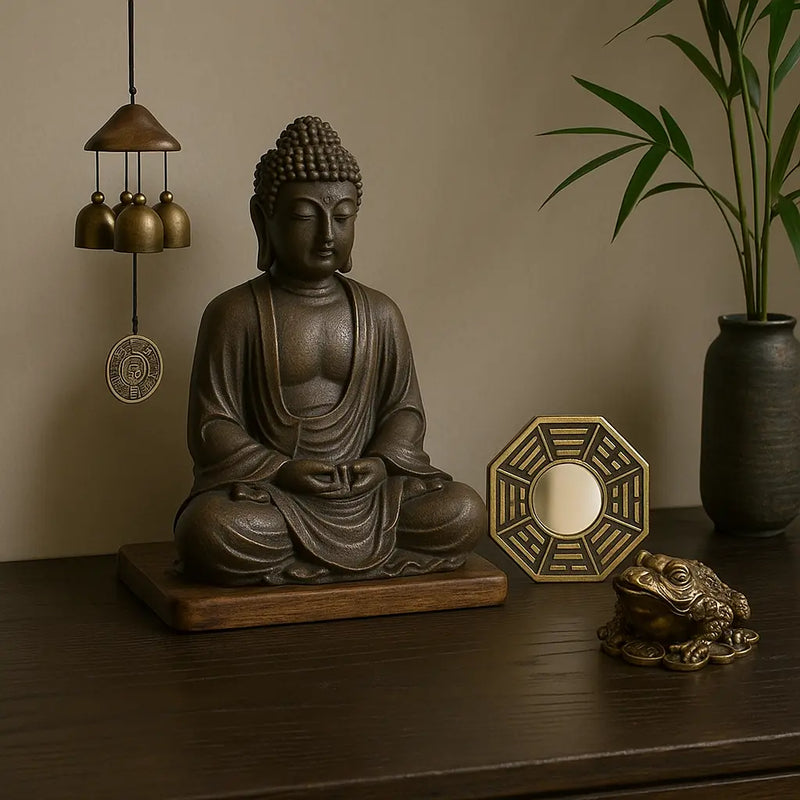 Objets feng shui – statue bouddha assis, miroir bagua, carillon et grenouille à trois pattes sur table en bois avec plante bambou pour énergie positive