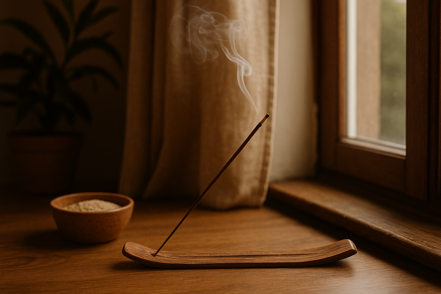 Bâton d’encens allumé diffusant une fumée légère près d’une fenêtre entrouverte, aération naturelle pour un air sain