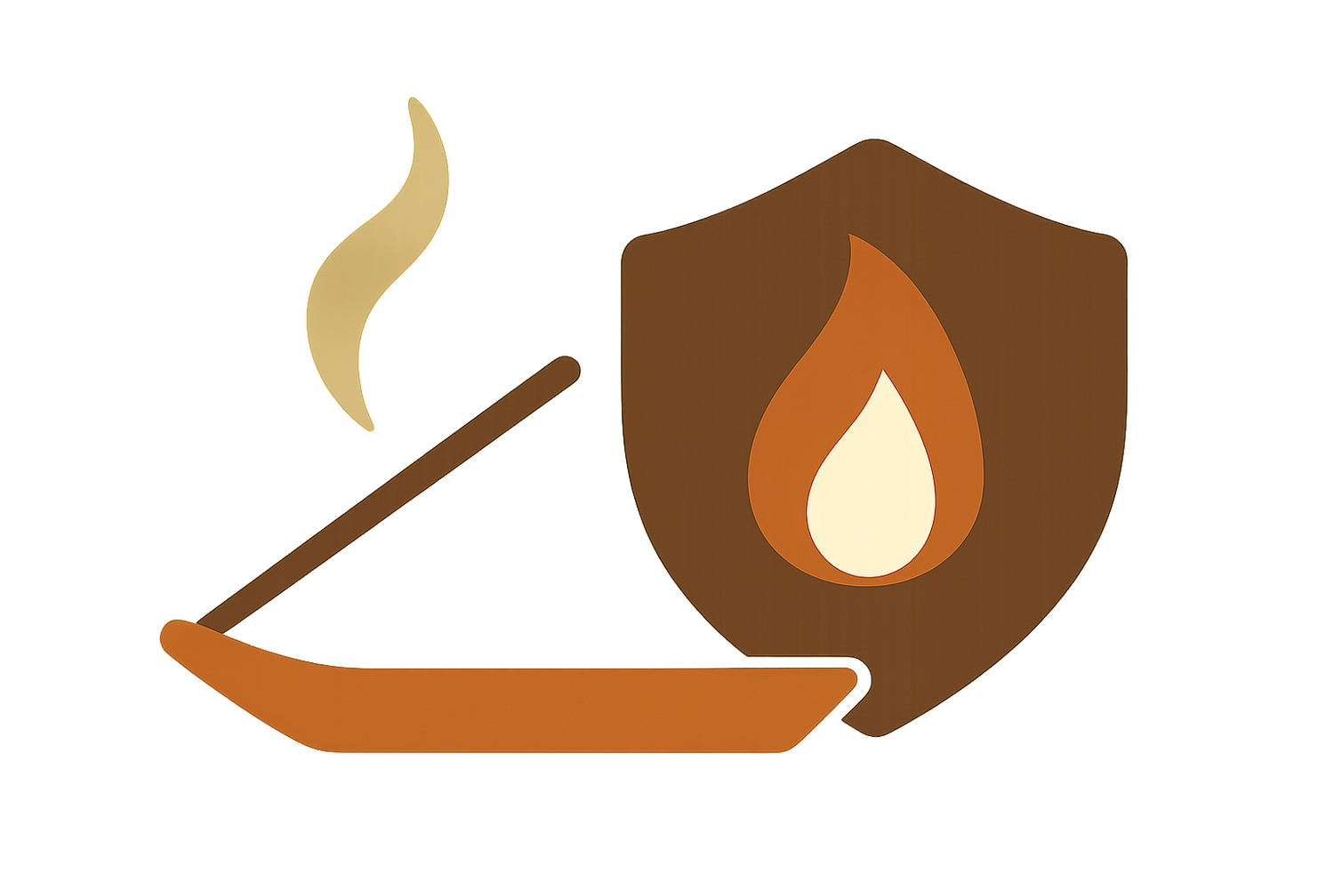 Icône minimaliste brun et orange représentant un porte-encens fumant et un bouclier avec flamme, symbole de sécurité.