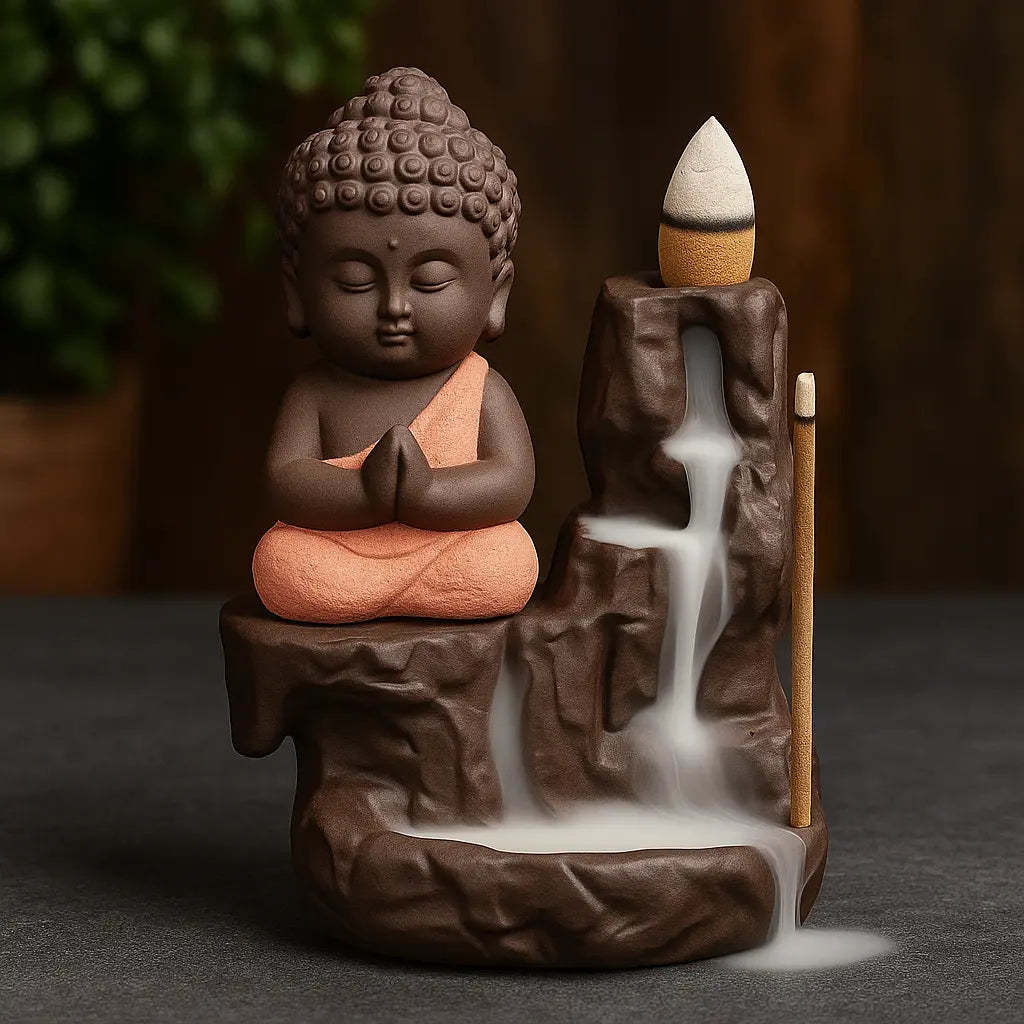 Brûleur d’encens Bouddha en céramique avec cascade à reflux et cône fumant sur fond zen en bois et ardoise