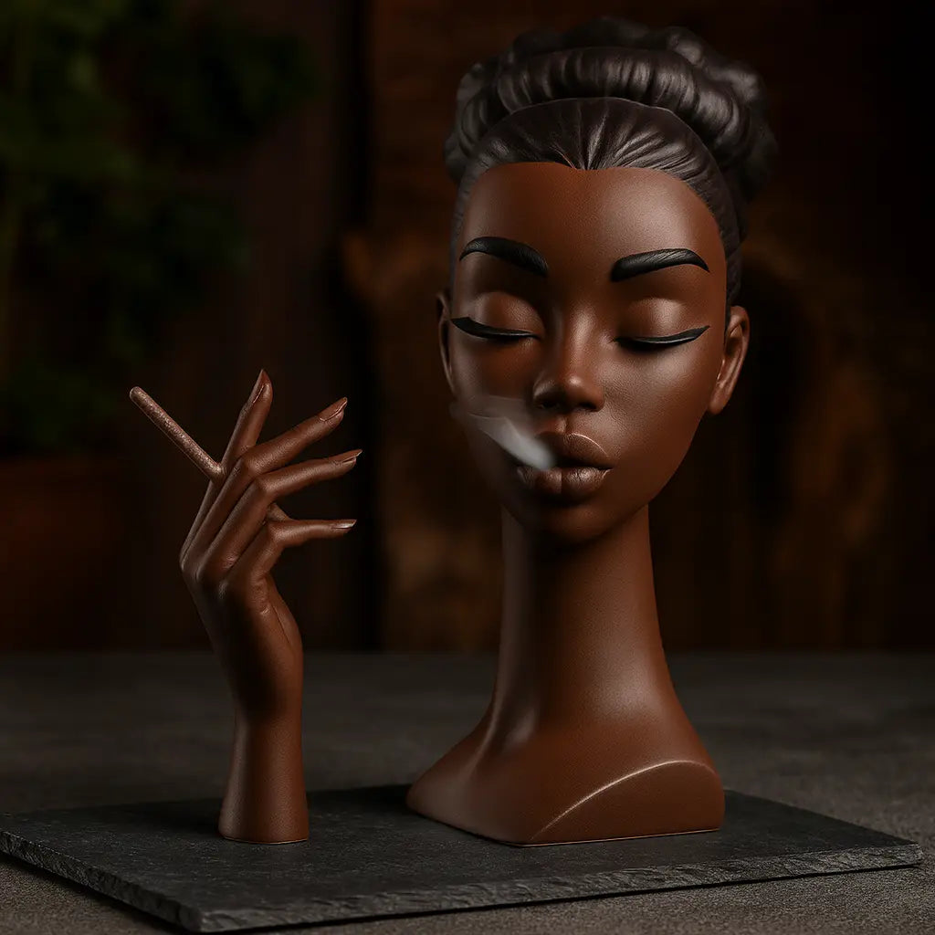 Brûleur d’encens en forme de buste féminin avec main séparée tenant un bâton d’encens, posé sur ardoise avec fond bois sombre