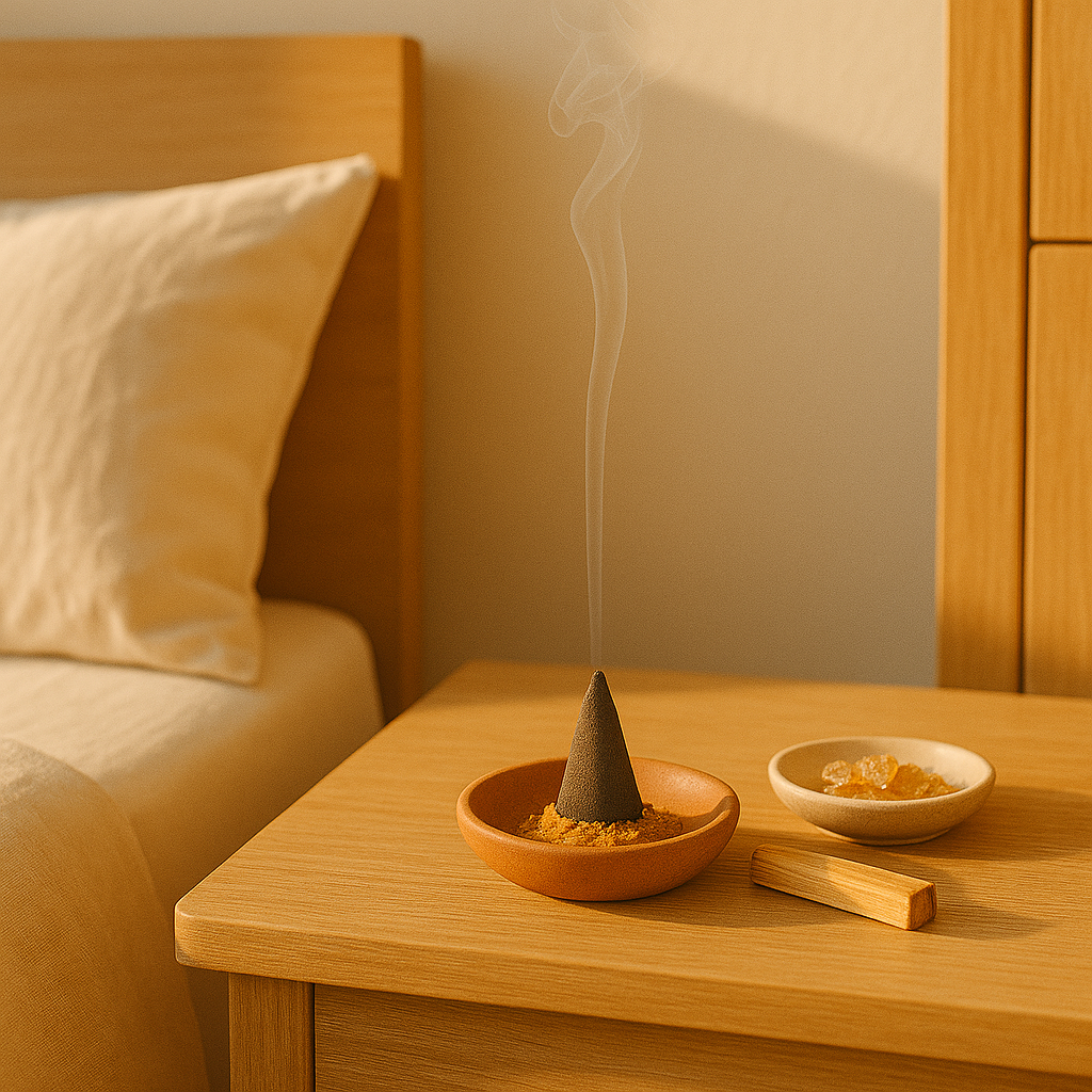 Chambre lumineuse au lever du soleil avec table de chevet en bois, cône d’encens fumant, petit bois de santal et coupelle de résine de benjoin