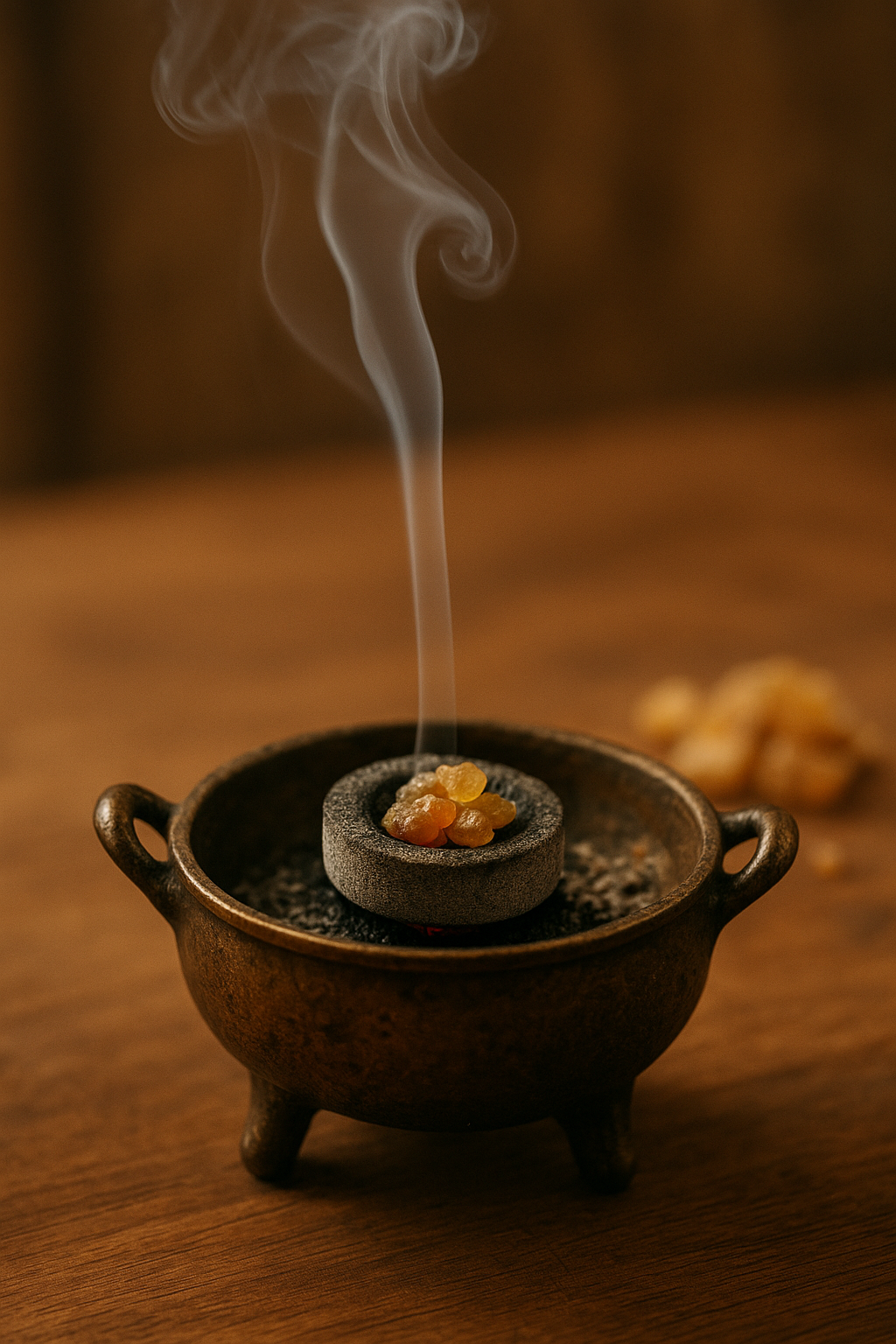 Encensoir en métal avec charbon allumé et résine naturelle, combustion contrôlée et sécurisée pour limiter la fumée