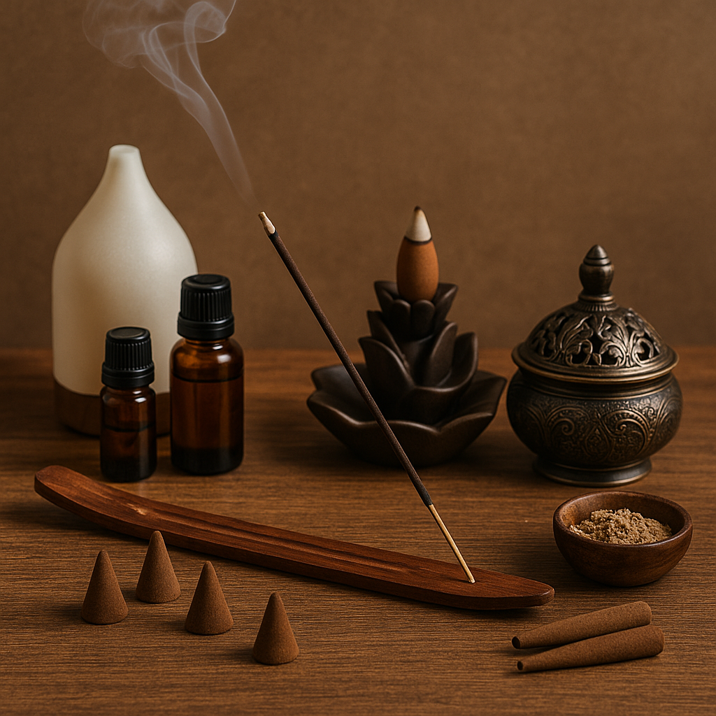 Diffuseur, bouteilles d’huiles essentielles, porte-encens en bois et cônes d’encens avec brûleur décoratif pour comparer et choisir ses accessoires