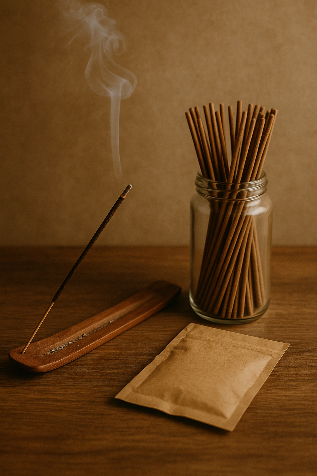 Bâton d’encens allumé près d’un bocal en verre rempli d’encens et d’un sachet kraft refermable, conservation optimale et sécurité