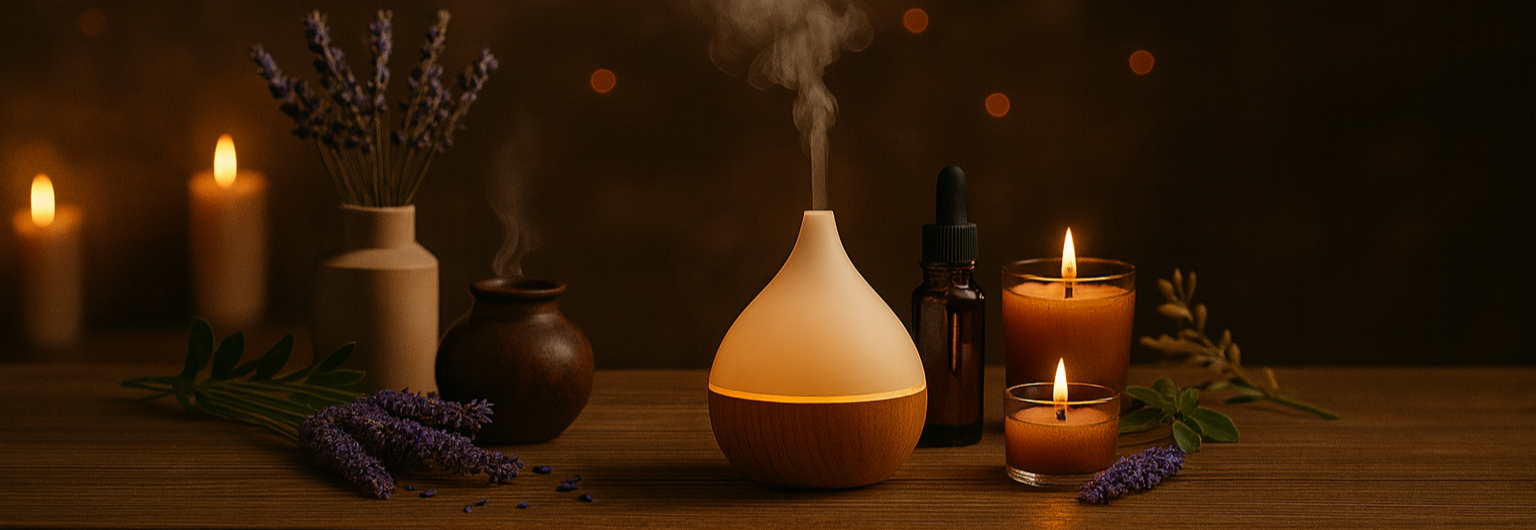 Diffuseur d'huiles essentielles en bois et céramique avec vapeur, bougies allumées et lavande séchée pour une ambiance zen