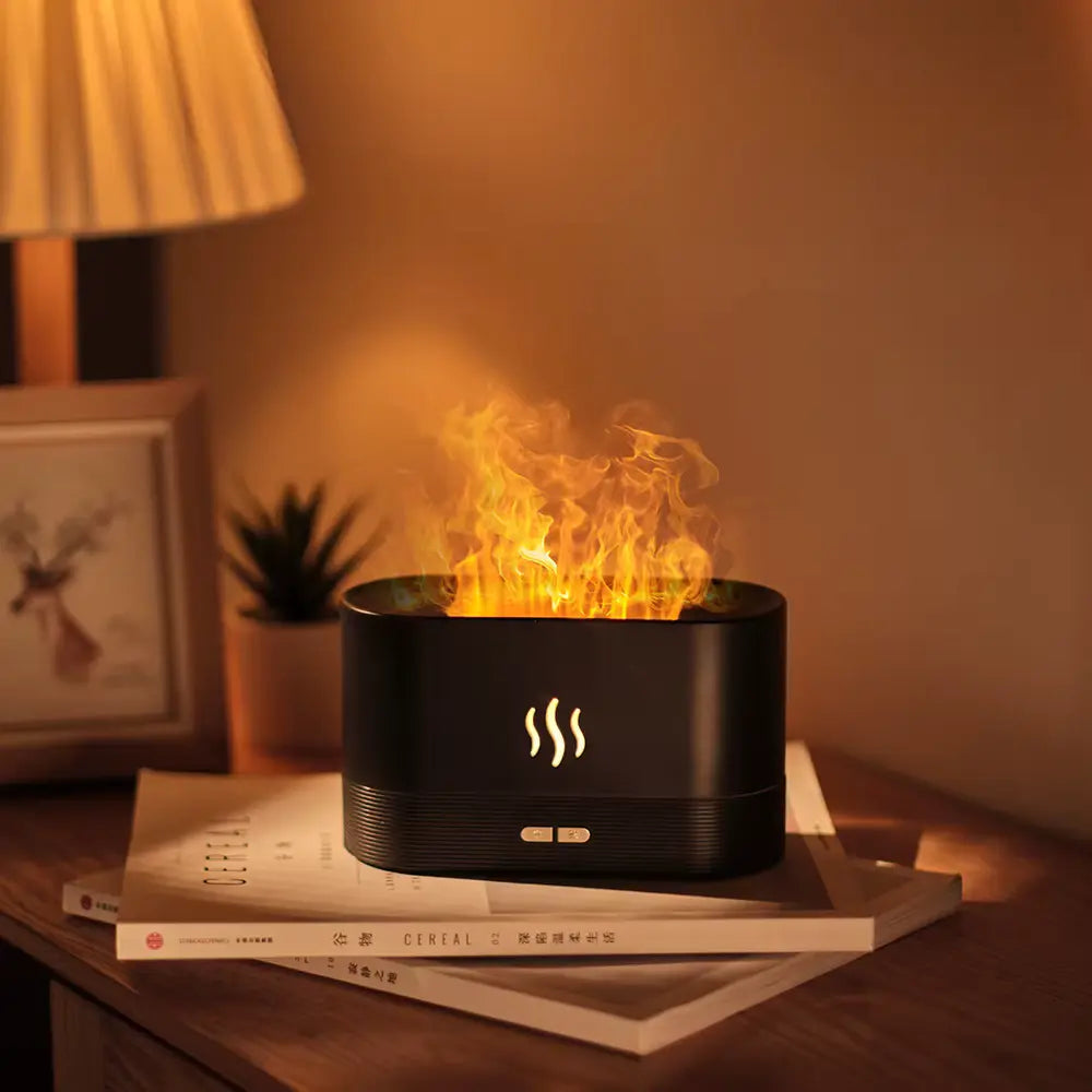 Diffuseur d’huiles essentielles Flamme LED noir avec effet de flamme et brume ultrasonique.