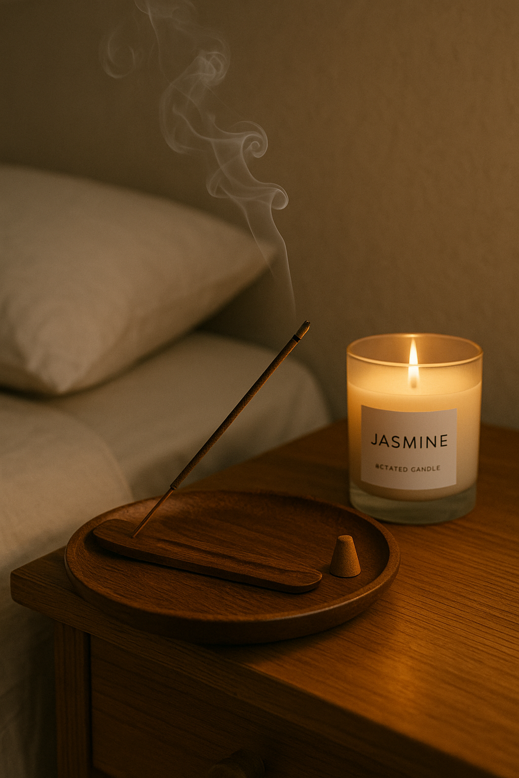 Encens de cèdre, myrrhe et lavande diffusé sur une table de chevet pour favoriser le sommeil.