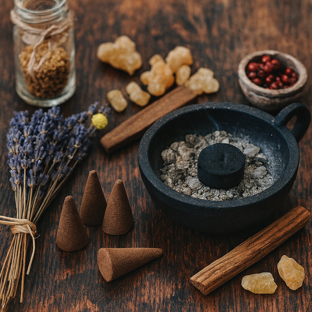 Brûleur noir avec charbon allumé entouré de cônes d’encens, bois d’agar naturel, résine de myrrhe et bouquet de lavande séchée
