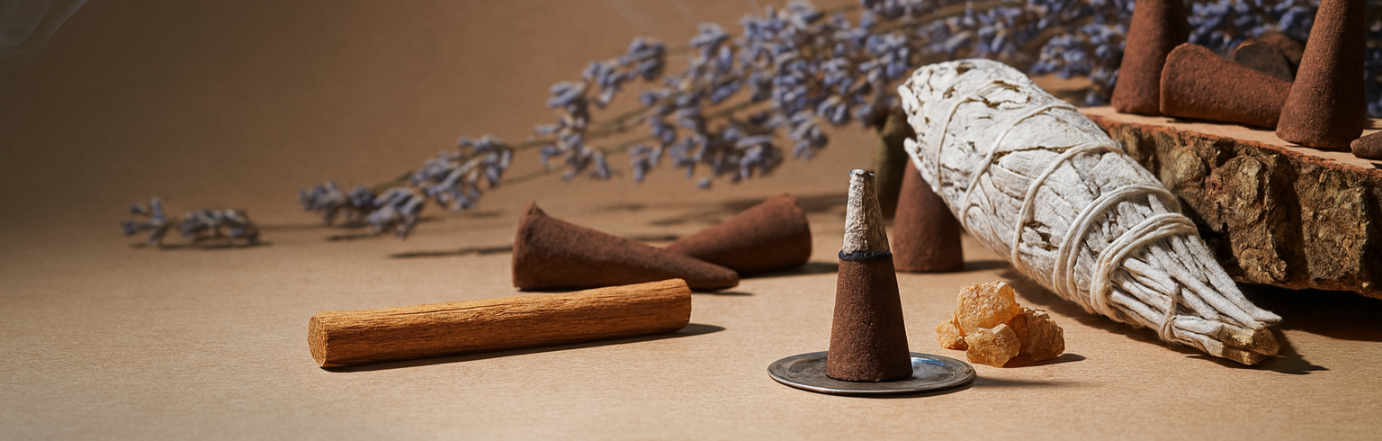 Cônes d’encens avec fumée, sauge blanche, bois d’agar naturel, résine de myrrhe et fleurs de lavande séchée pour purification et rituels zen