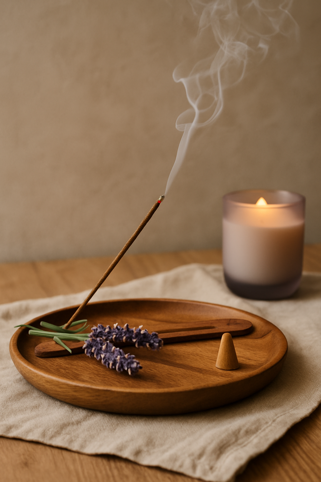 Encens lavande et bois de santal avec cône de benjoin pour calmer le stress et l’anxiété.