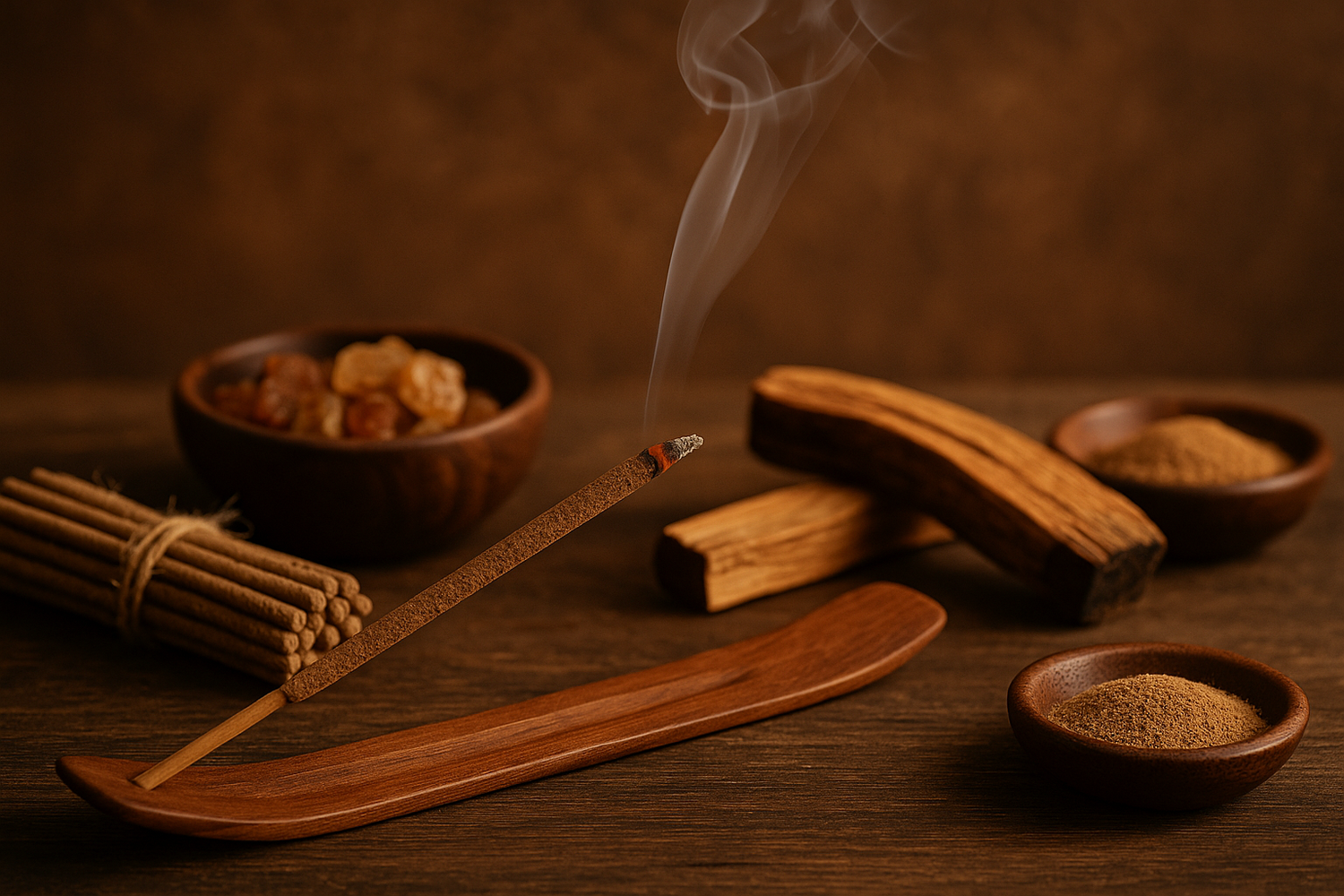 Bâtons d’encens naturels artisanaux avec résine et bois aromatique, fumée fine et pure pour une combustion authentique