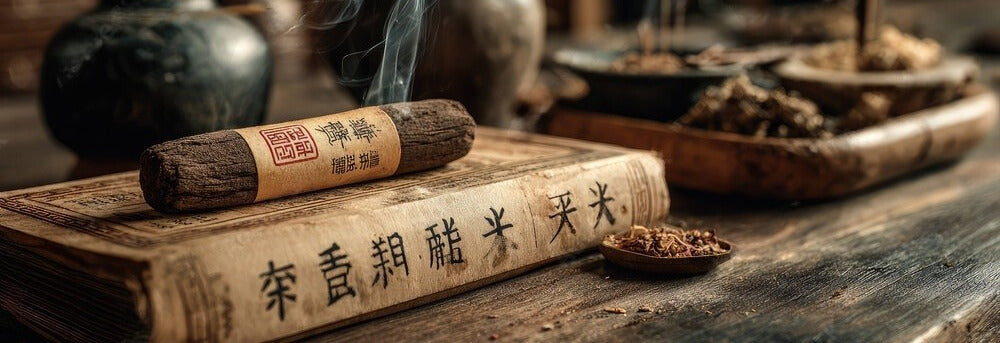 Bâton d'encens naturel en bois d'agar posé sur un livre ancien avec fumée et herbes séchées