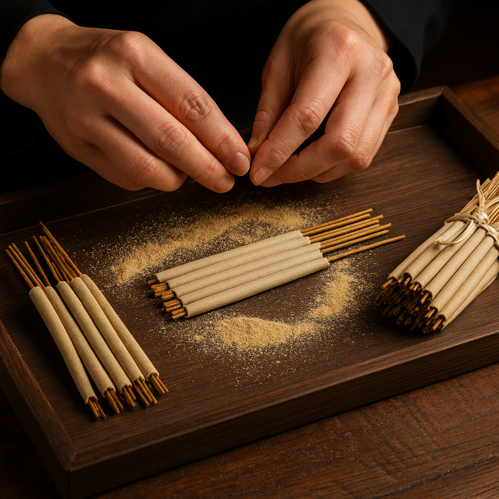 Mains fabriquant artisanalement des bâtons d’encens naturels sur un plateau en bois avec poudre parfumée