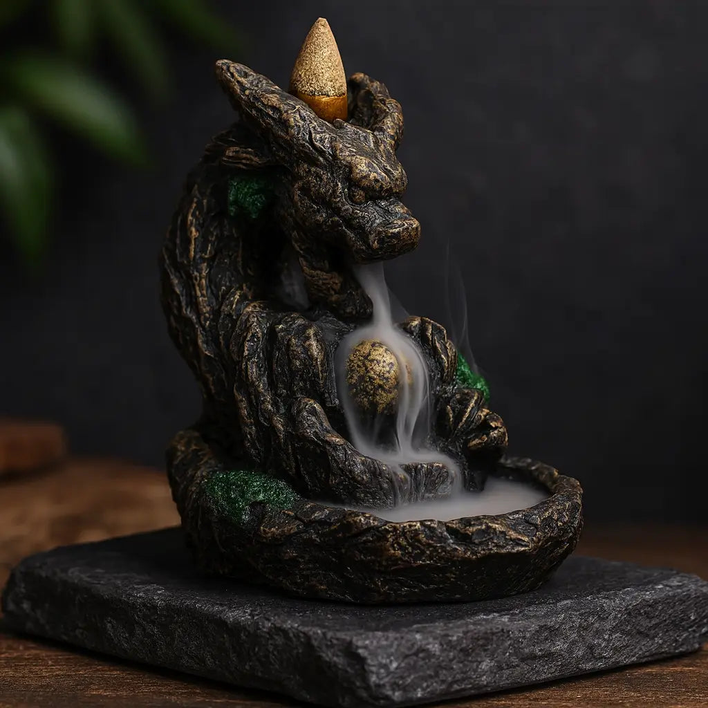 Fontaine d’encens en forme de tête de dragon avec boule dorée, sur ardoise sombre, fumée cascade réaliste