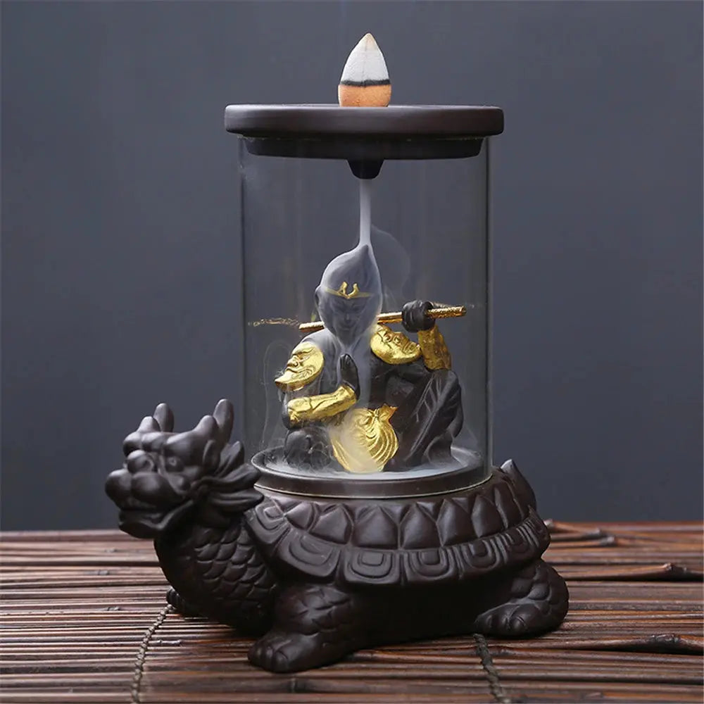 Fontaine d’encens cascade avec tortue-dragon et guerrier