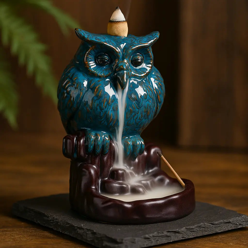 Fontaine d’encens hibou en céramique bleue sur base ardoise, fumée cascade douce et décor chaleureux bois-végétal