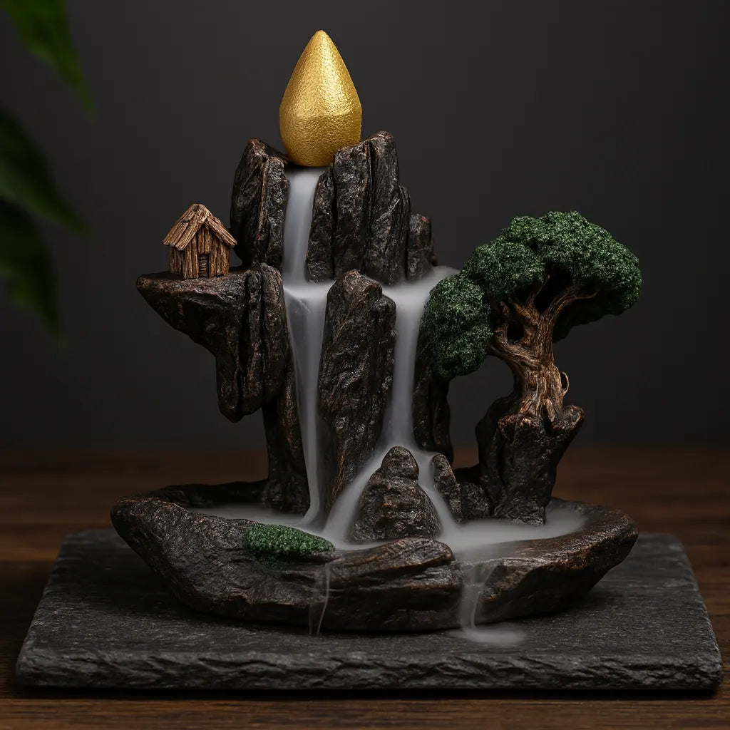 Fontaine d’encens en forme de rocher avec arbre et cabane, sur ardoise sombre, fumée cascade réaliste