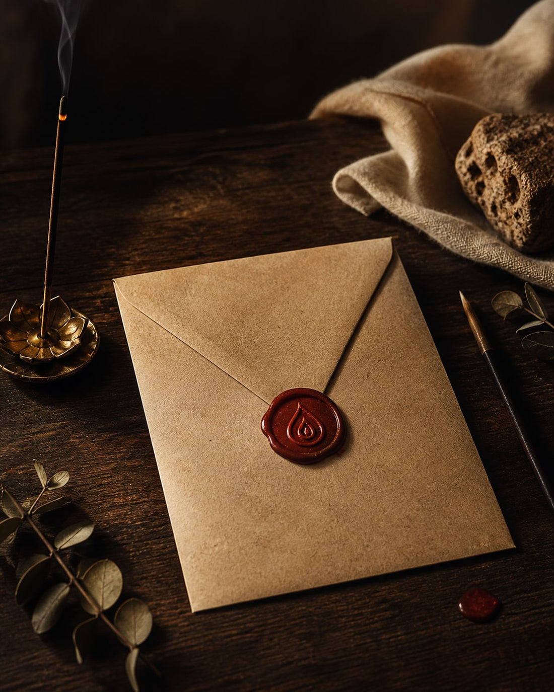 La Lettre du Cercle : enveloppe kraft scellée à la cire avec logo Encensoria et encens fumant