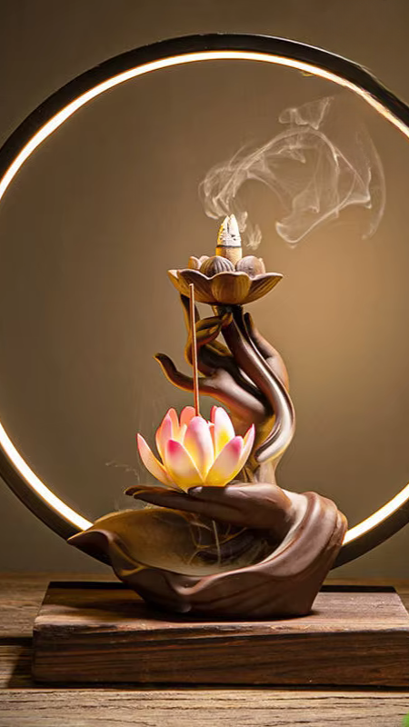 Porte-encens cascade en céramique noire avec fumée descendante dans un salon zen.