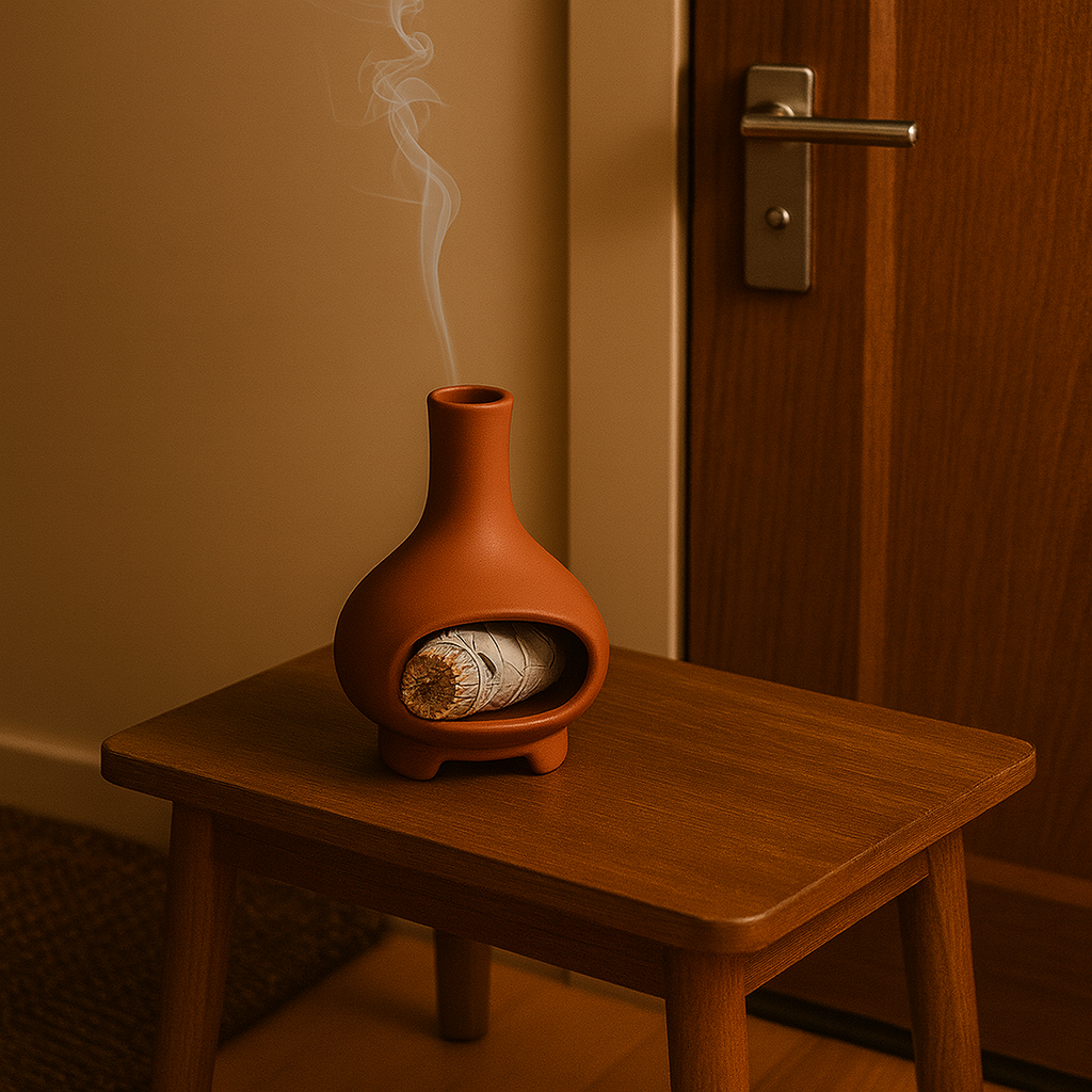 Porte-encens en terre cuite avec sauge blanche posé sur une table en bois dans une entrée chaleureuse, fumée apaisante filtrant l’ambiance