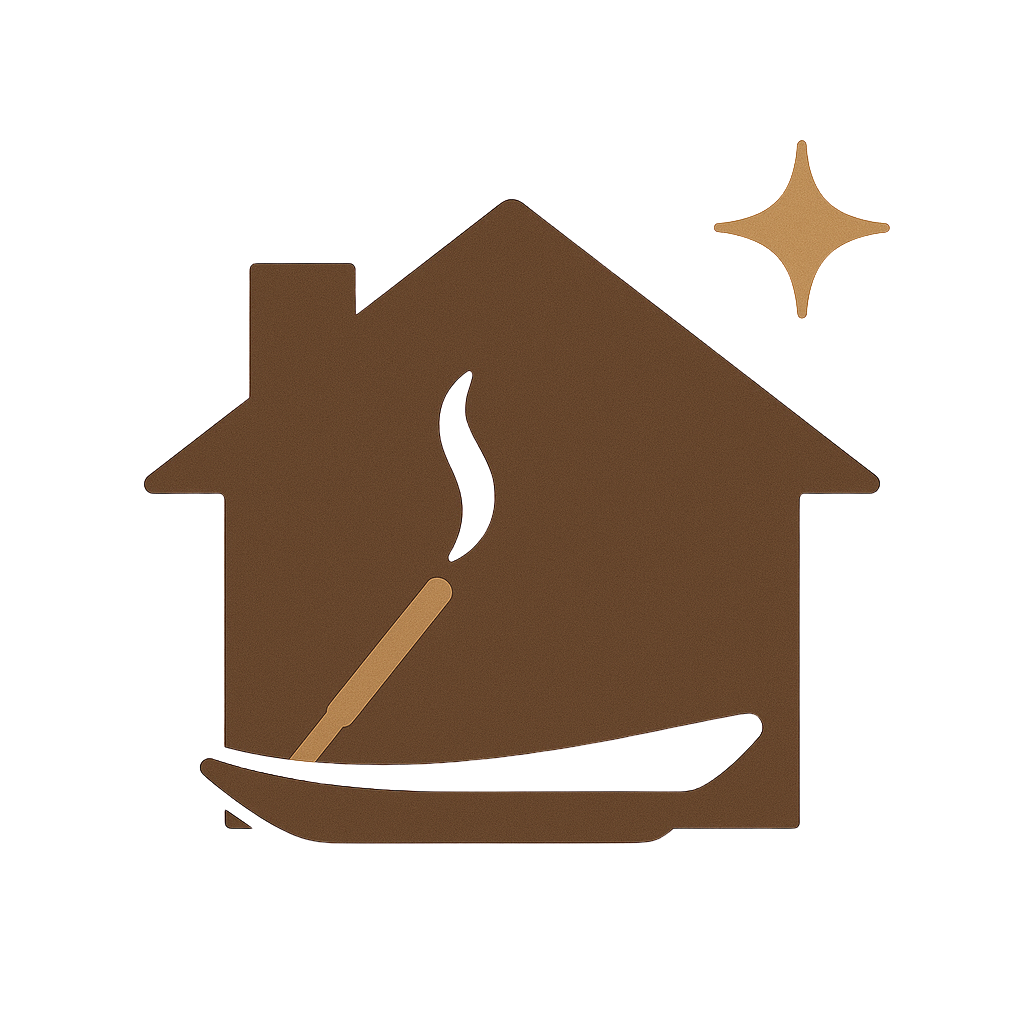 Icône minimaliste brun et beige représentant une maison stylisée avec un bâton d’encens fumant et une étincelle de purification.
