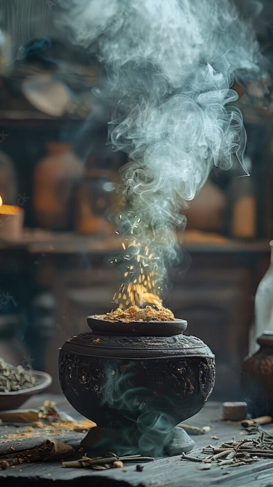 Résine d'encens naturelle en grains posée sur une table en bois
