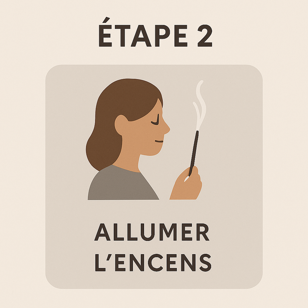 Rituel d’encens étape 2 : allumer un bâton d’encens qui diffuse une fumée purificatrice.