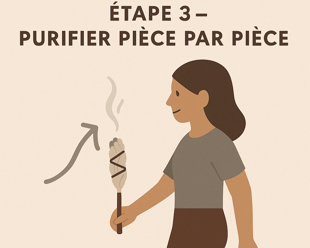 Rituel d’encens étape 3 : purifier chaque pièce en se déplaçant avec le bâton d’encens.