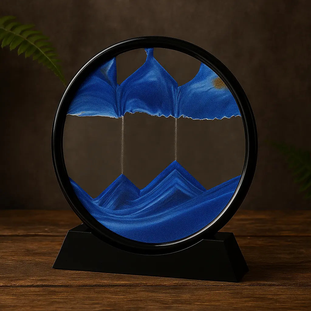 Sablier décoratif à sable mouvant circulaire bleu dans un cadre noir, posé sur une table en bois sombre avec fond ardoise et végétal