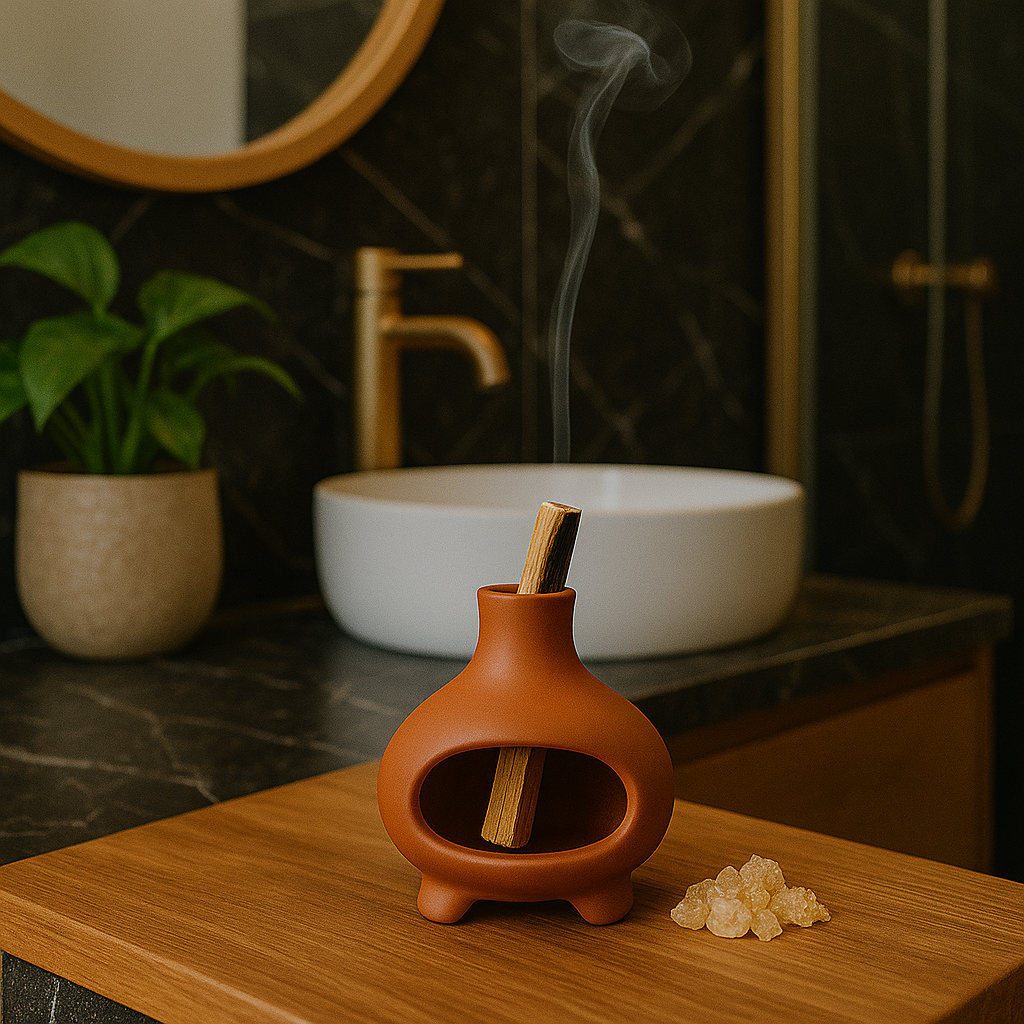 Salle de bain en marbre noir avec vasque blanche et meuble en bois, bâton de Palo Santo brûlant dans un porte-encens en terre cuite et résine d’oliban posée à côté