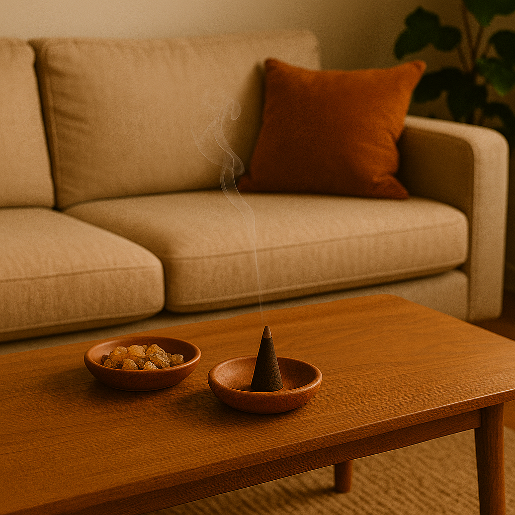 Salon chaleureux avec canapé beige et table basse en bois, encens cône fumant et résines de myrrhe pour une atmosphère conviviale et zen