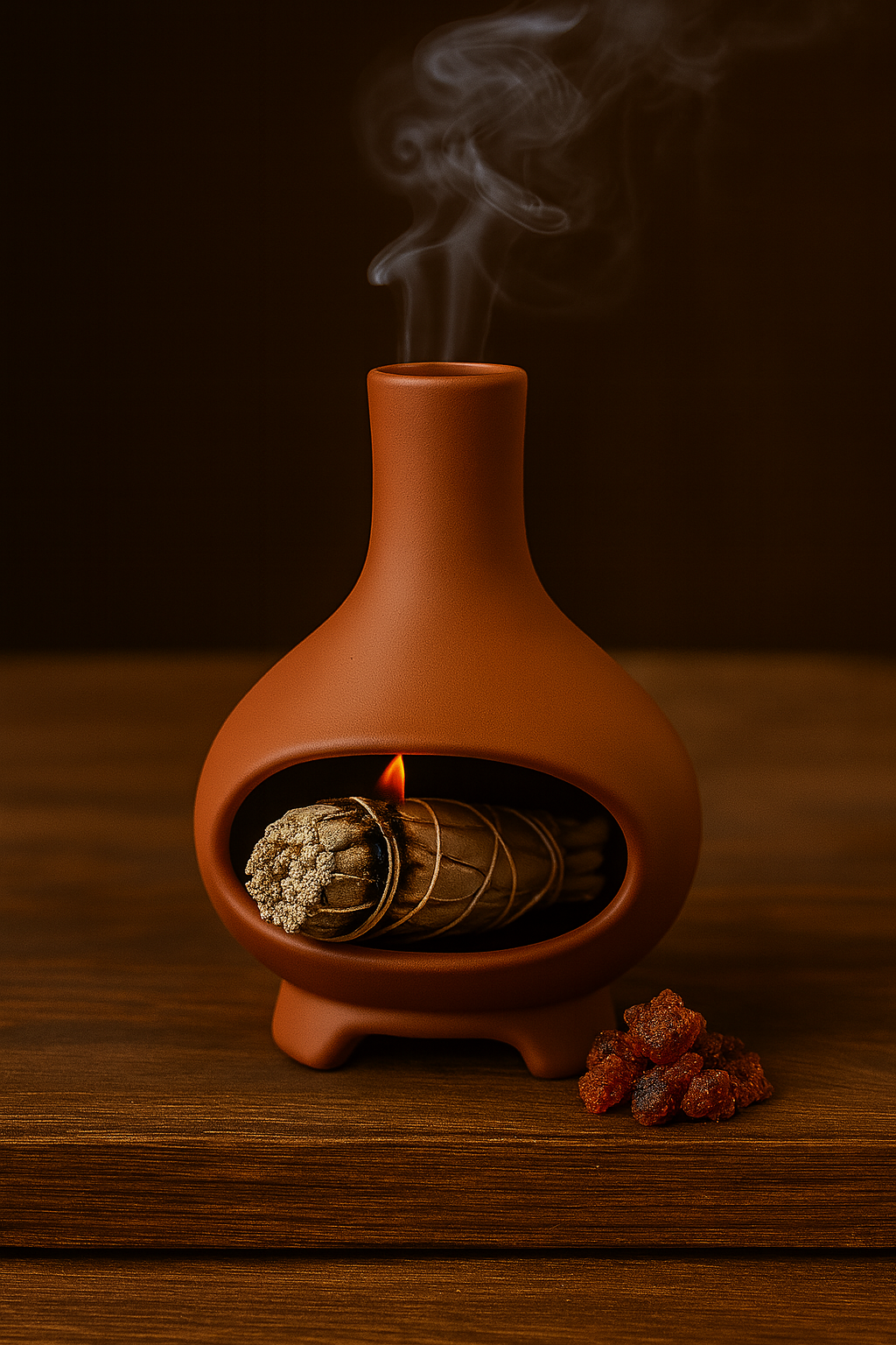 Bâton de sauge blanche allumé dans un brûleur en terre cuite avec résine de sang-dragon pour purifier l’atmosphère.