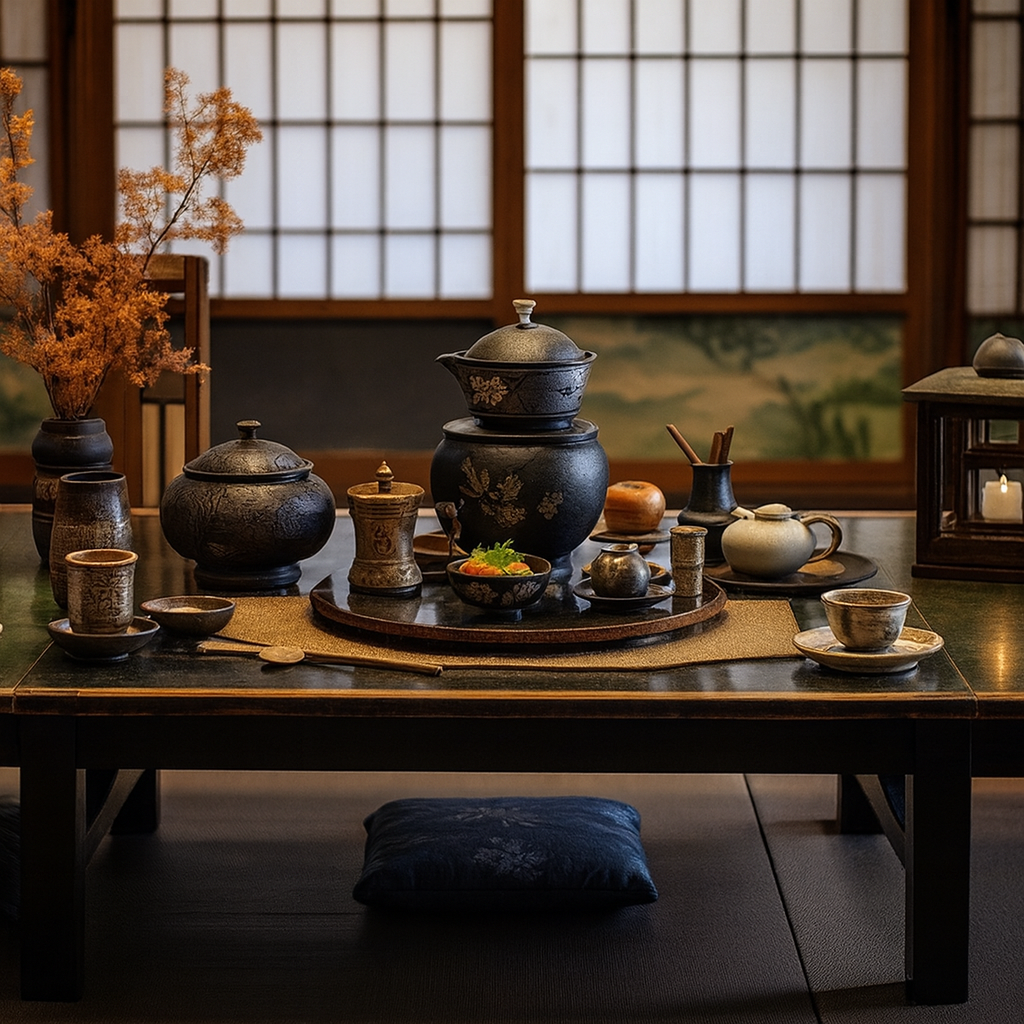 Table de cérémonie du thé japonaise avec théières décorées, bols, accessoires et lanternes dans une salle traditionnelle