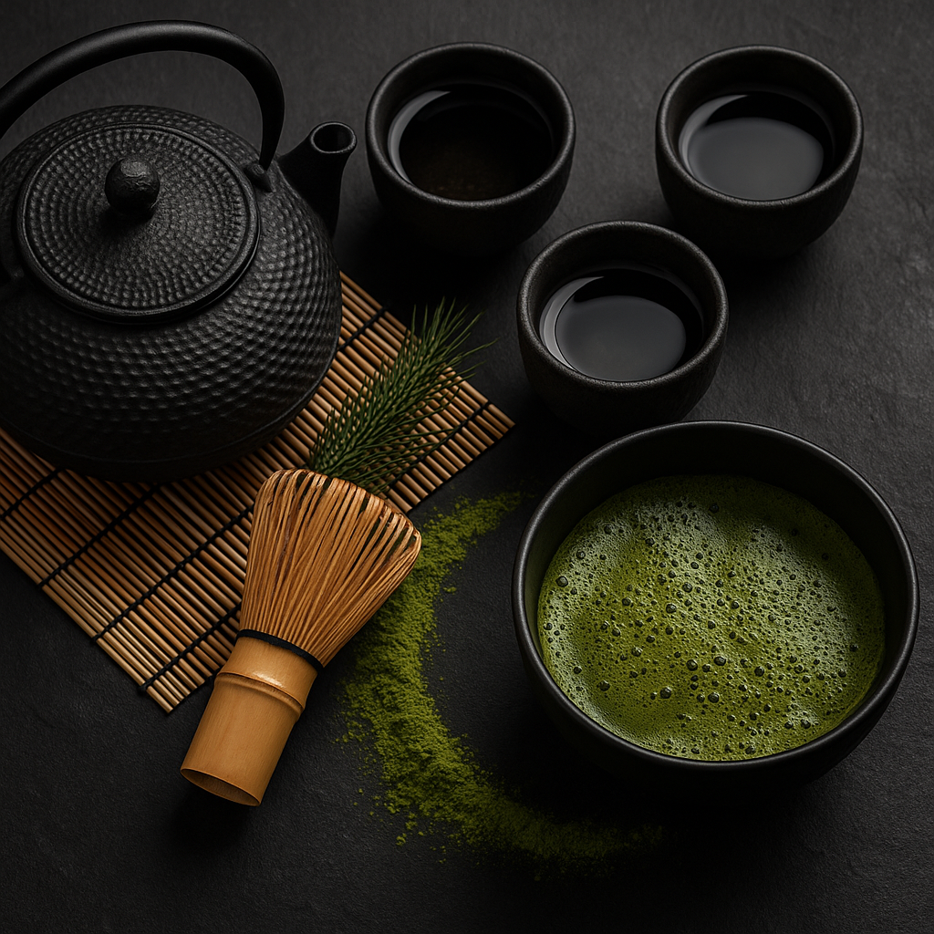 Ustensiles de cérémonie du matcha avec théière en fonte, fouet bambou et tasses en céramique noire