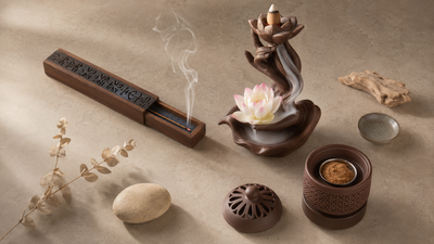 Quatre porte-encens en bois, céramique et cuivre composés en flat-lay zen avec fumée d'encens