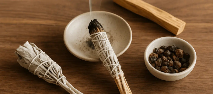 Bâton de sauge blanche naturelle en combustion dans coupelle en céramique – résine de myrrhe et bâton de palo santo sur table en bois