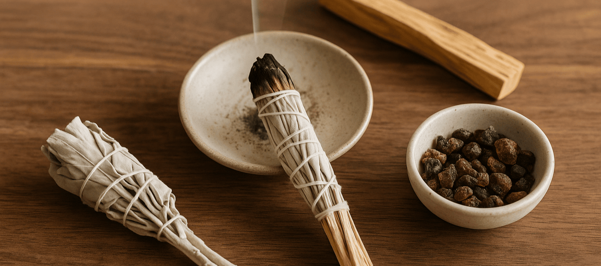 Bâton de sauge blanche naturelle en combustion dans coupelle en céramique – résine de myrrhe et bâton de palo santo sur table en bois