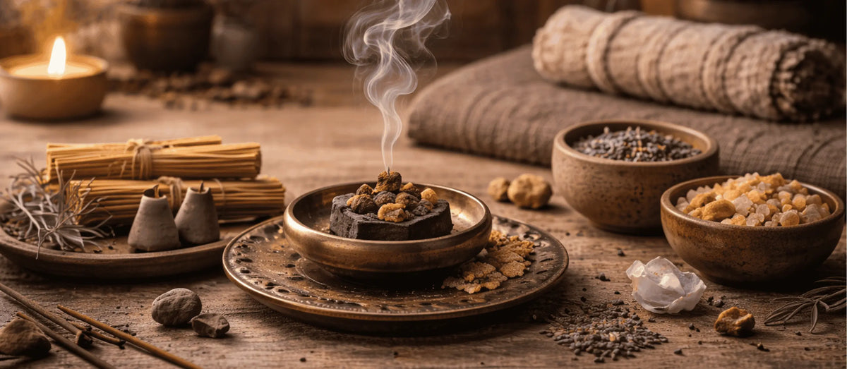 Scène de méditation avec encens naturels, résines et poudres diffusant une fumée douce dans une ambiance calme et épurée.