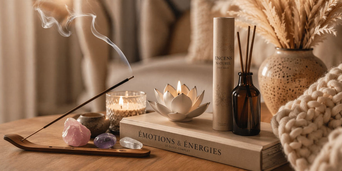 Encens, cristaux et bougie sur plateau en bois — choisir son encens selon ses émotions