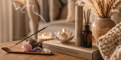 Encens, cristaux et bougie sur plateau en bois — choisir son encens selon ses émotions