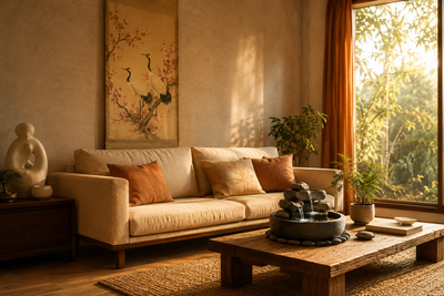 Salon aménagé selon les principes du feng shui avec fontaine d'intérieur, tenture murale japonaise et canapé adossé à un mur plein