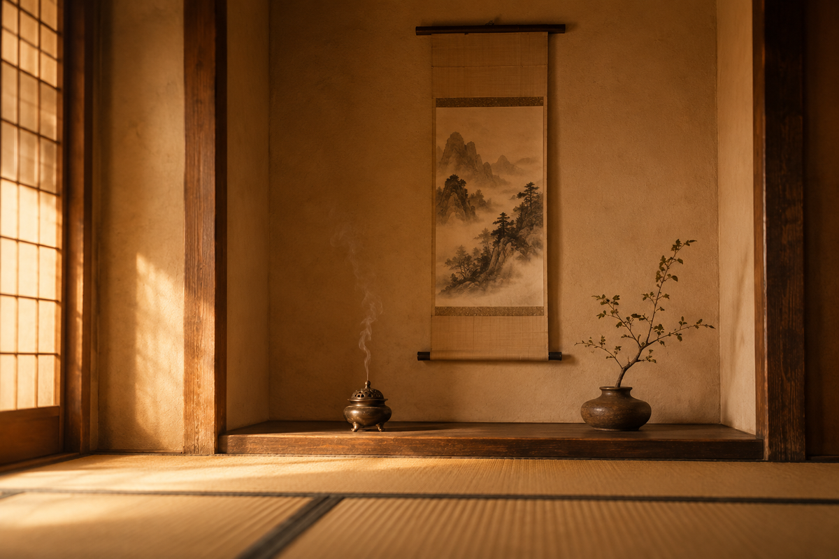 Alcôve tokonoma japonaise avec un kakemono suspendu, un encensoir en laiton et un branchage