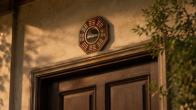 Miroir bagua feng shui octogonal accroché au-dessus d'une porte d'entrée extérieure en bois sombre