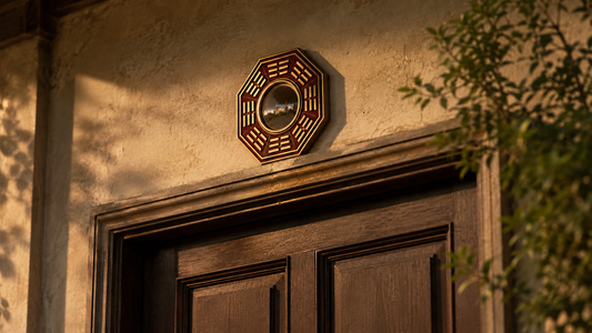Miroir bagua feng shui octogonal accroché au-dessus d'une porte d'entrée extérieure en bois sombre
