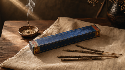 Boite d'encens Nag Champa indien traditionnelle posee sur un tissu de lin avec batons artisanaux et fumee