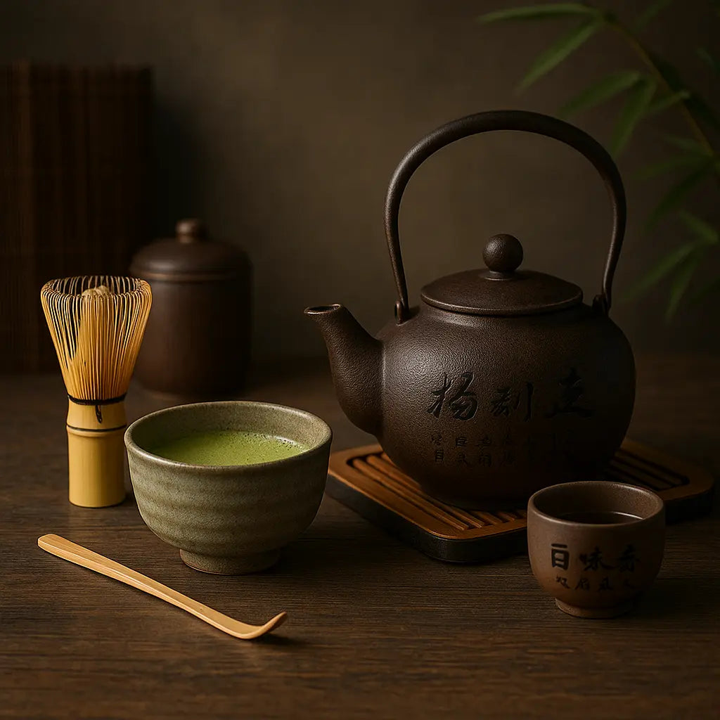 Univers du thé – théière japonaise en fonte, bol matcha artisanal et chasen en bambou pour cérémonie du thé asiatique