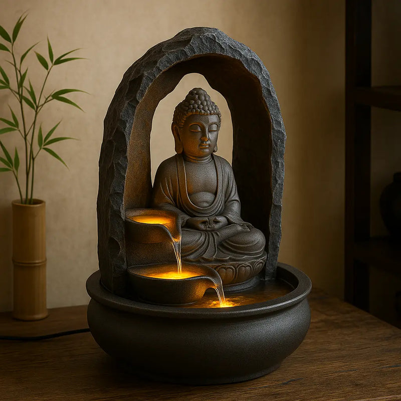 Fontaine d’intérieur zen – statue bouddha en pierre avec cascade d’eau illuminée LED, décoration feng shui et ambiance maison relaxante