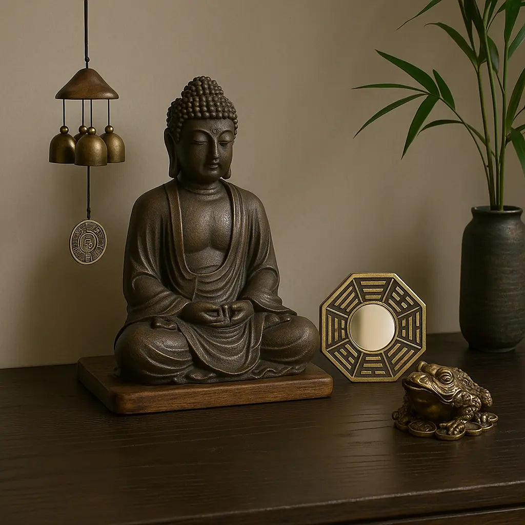 Objets feng shui – statue bouddha assis, miroir bagua, carillon et grenouille à trois pattes sur table en bois avec plante bambou pour énergie positive