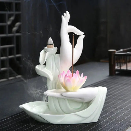 Fontaine d’Encens Main de Bouddha Lotus - Céramique Blanche ENCENSORIA